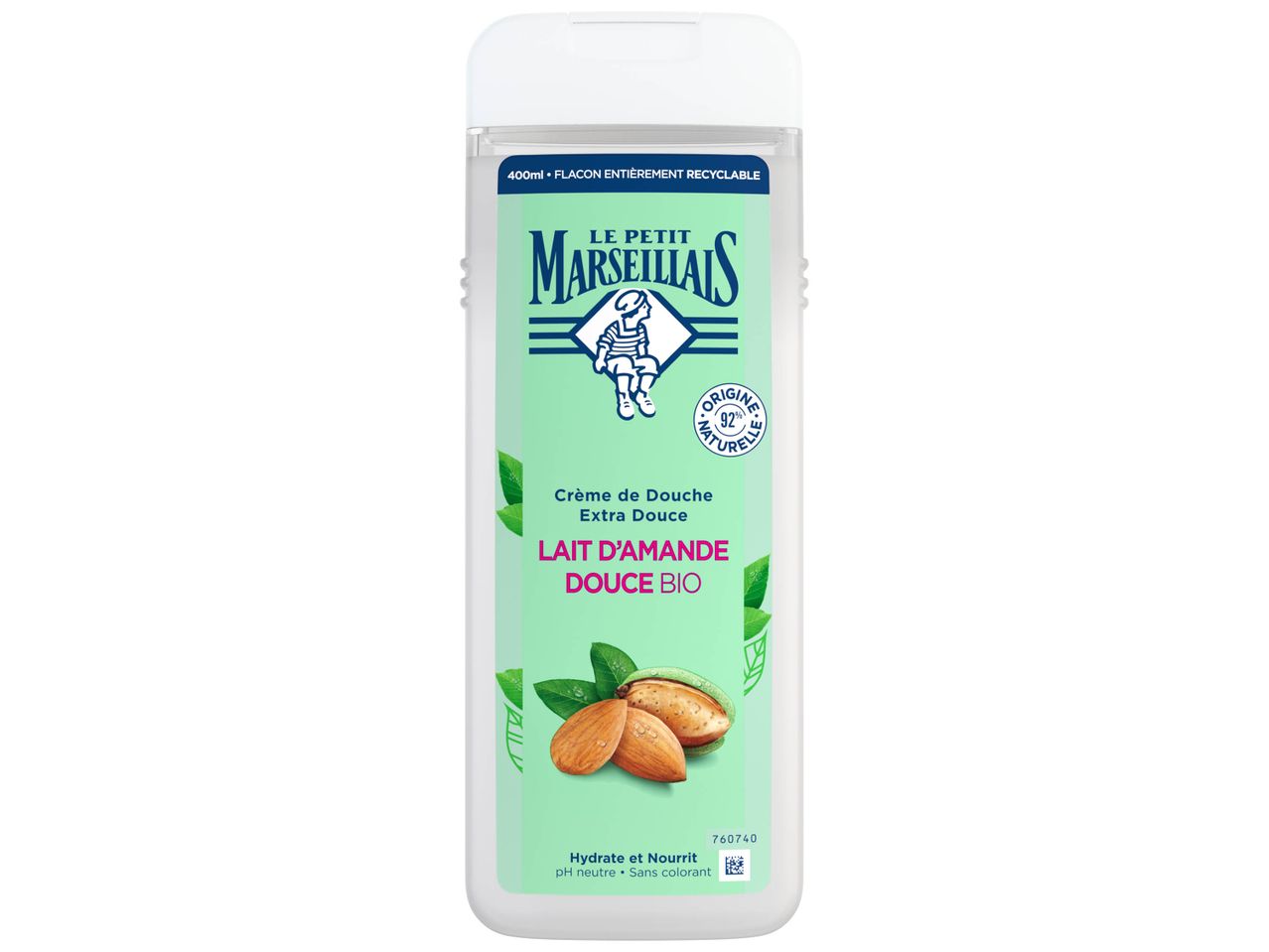 Bouteille de crème de douche Le Petit Marseillais au lait d'amande douce bio.