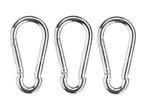 Three silver metal carabiner clips are shown against a white background.