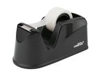 Black tape dispenser with a roll of white adhesive tape, angled view.