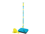 Swingball Lite set with a blue and yellow pole, base, ball, and two yellow rackets.