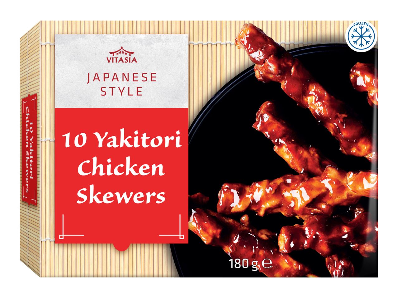 Frozen Japanese-style Yakitori chicken skewers, 10 pieces, 180g.
