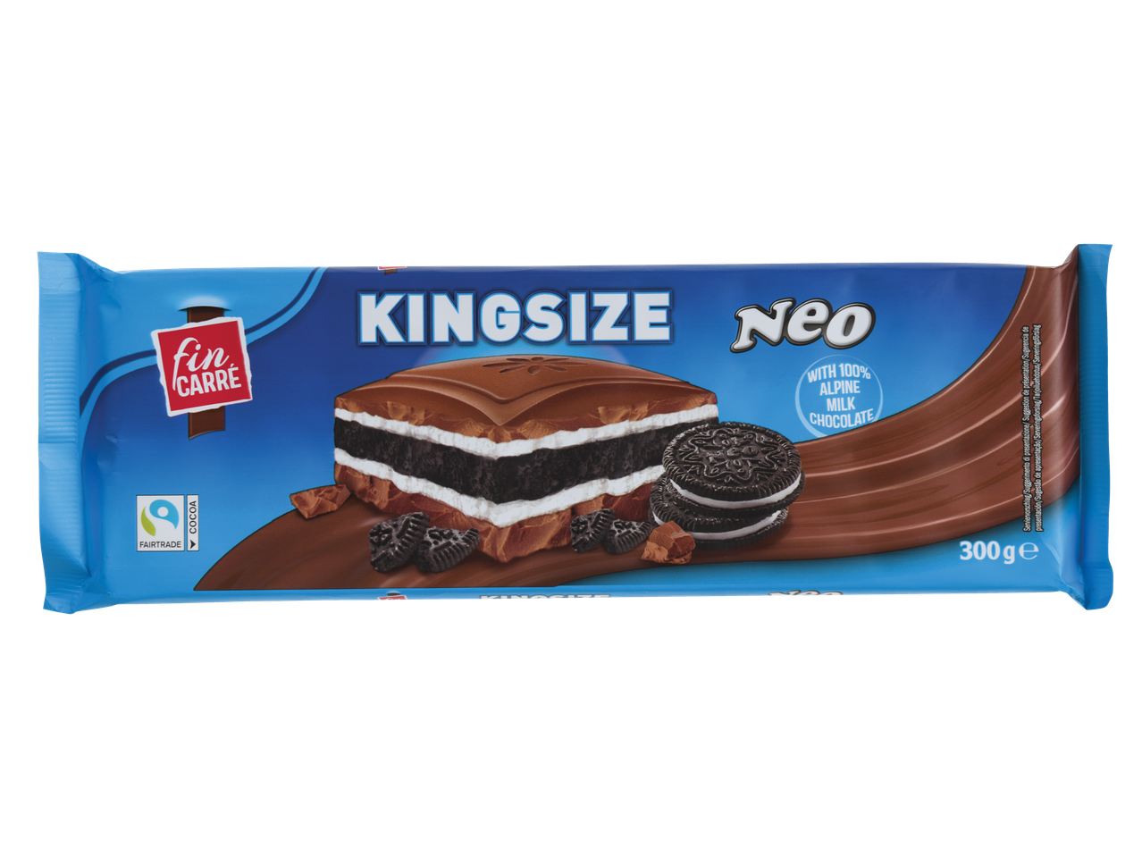 Barra de chocolate Kingsize Neo Fin Carre de 300g com chocolate ao leite alpino e biscoitos Oreo.