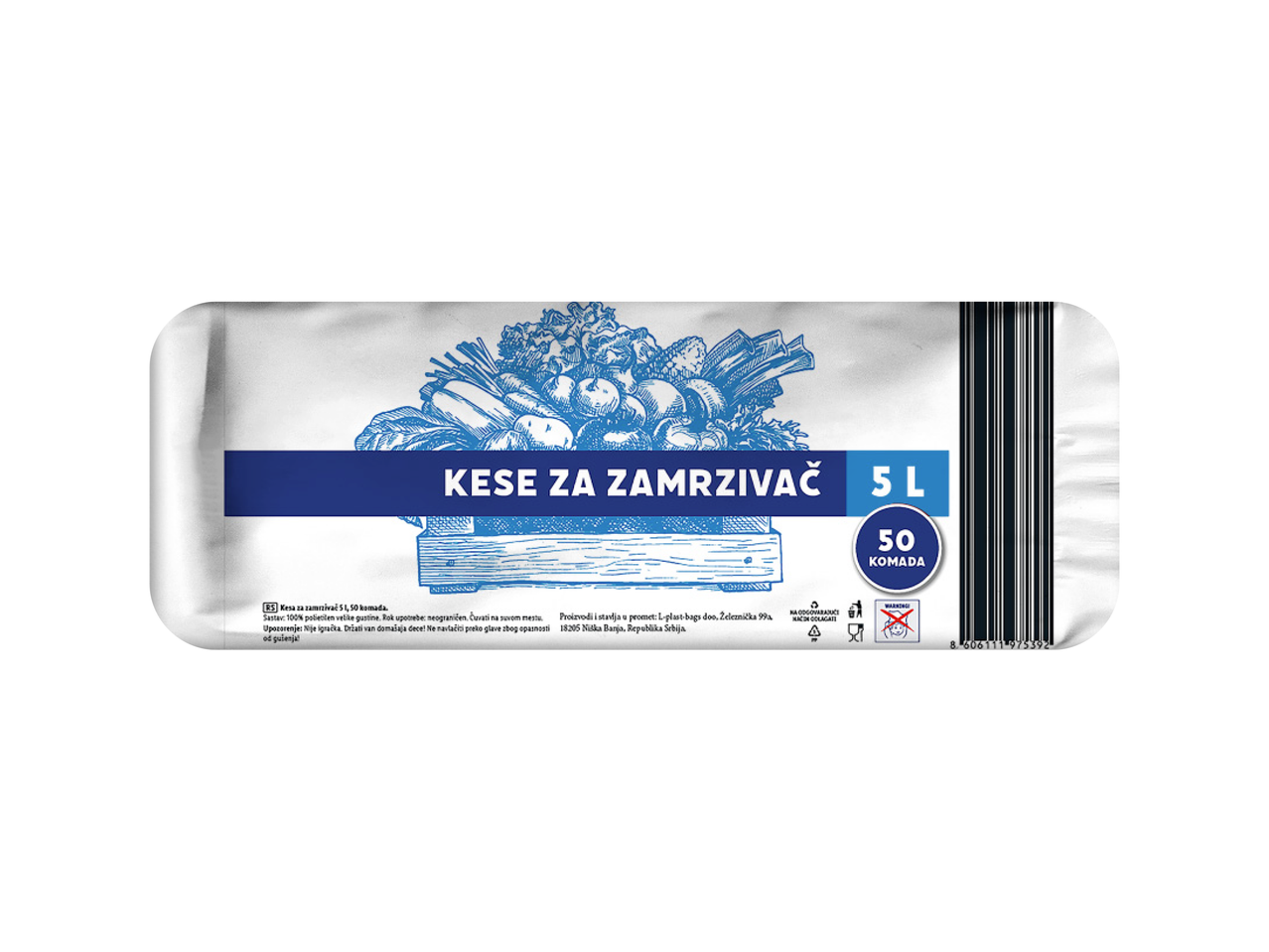 Pakovanje kesa za zamrzivač sa ilustracijom povrća i natpisom „KESE ZA ZAMRZIVAČ 5L 50 KOMADA“.