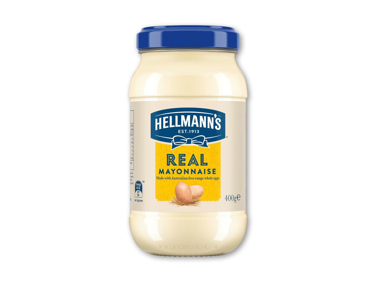 Hellmann's Real Mayonnaise i en krukke med en blå låg og en gul etiket.