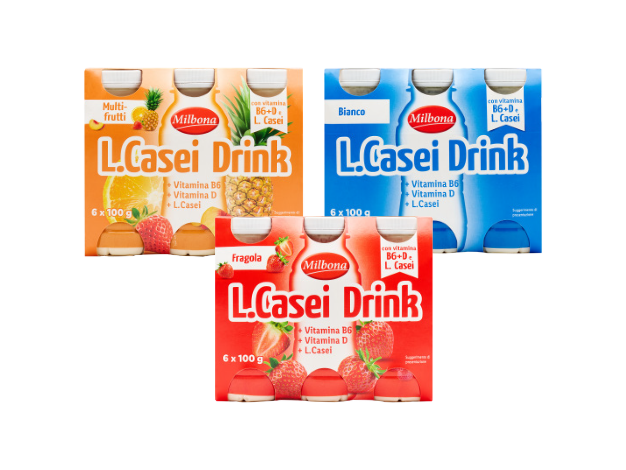 Tre confezioni di bevande L.Casei Drink ai gusti frutta mista, bianco e fragola.