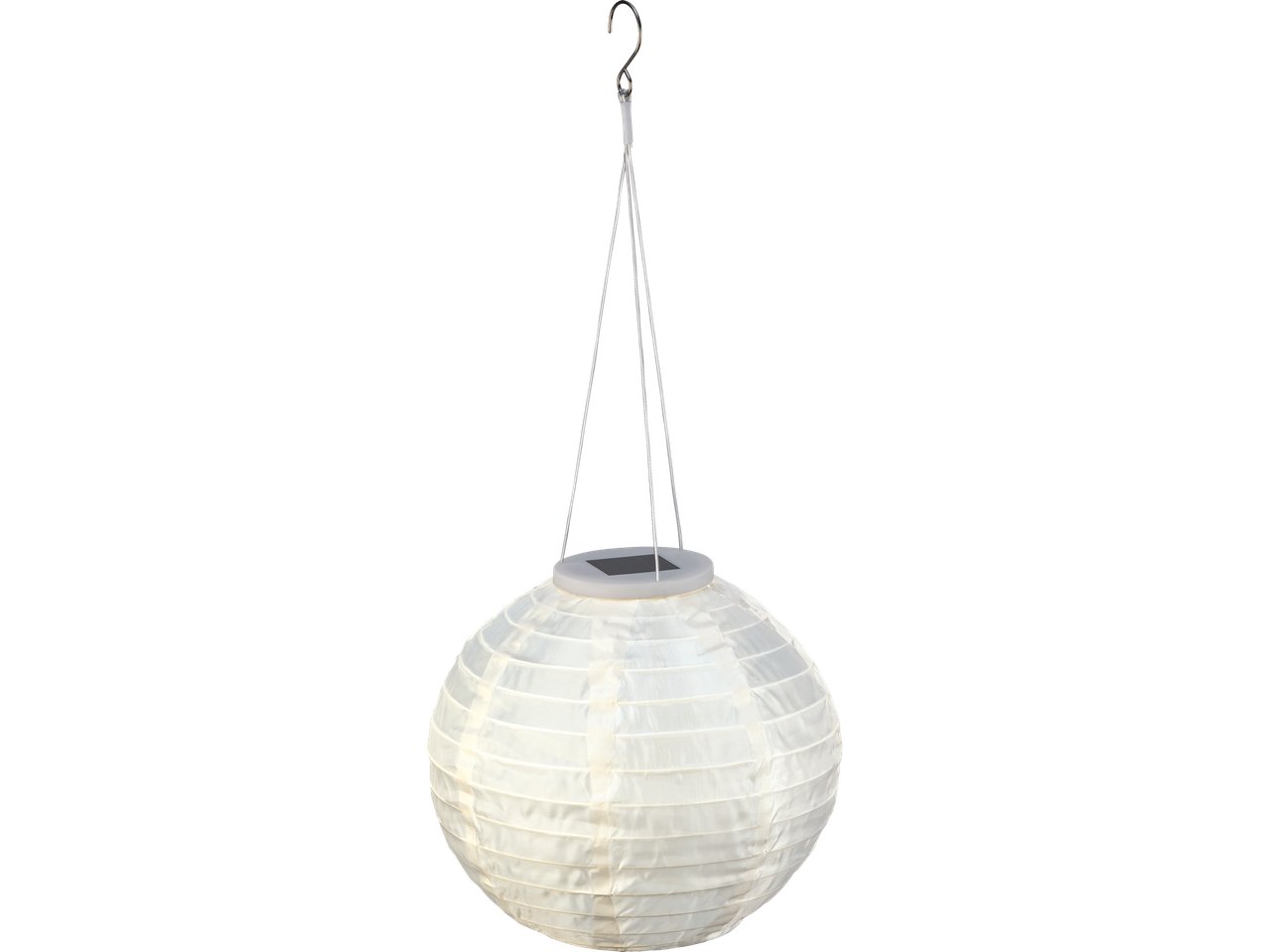 Bela okrugla solarna lampa visi na kuku.