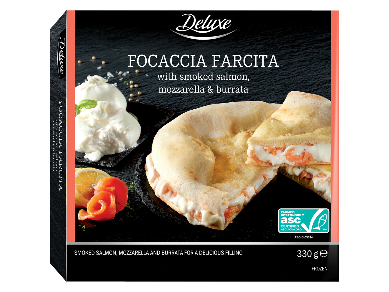 Deluxe Focaccia Farcita su rūkyta lašiša, mocarela ir burrata.