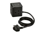 Black power cube with multiple sockets and a coiled cable with a UK plug.