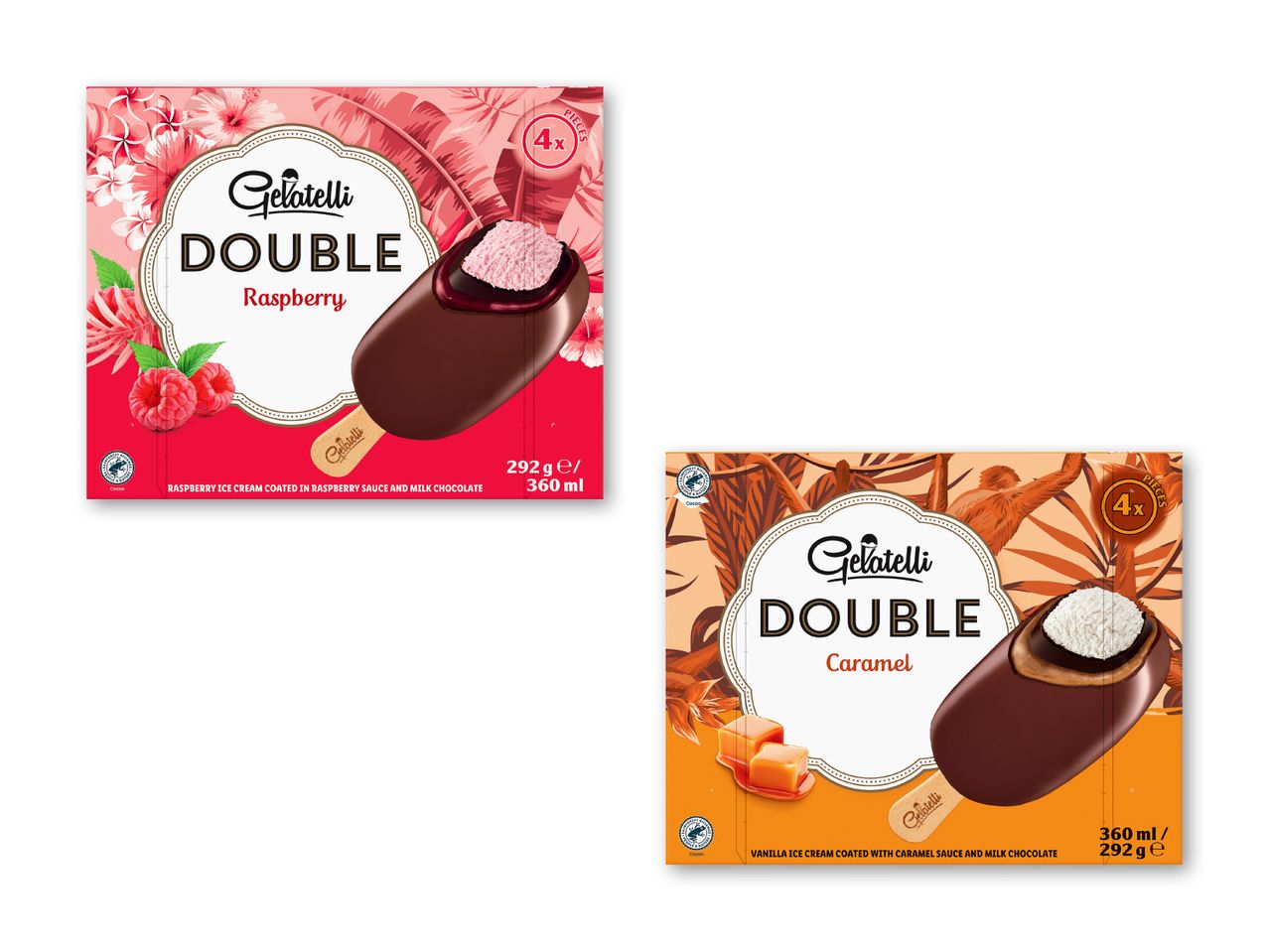 Topaktuelle billeder af Classic Double ispinde i hindbær og karamel.