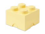 Ein gelber LEGO-Stein mit vier Noppen auf schwarzem Hintergrund.