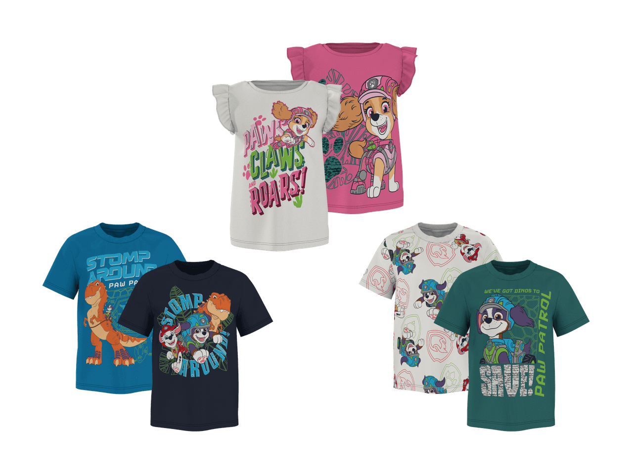 Sæt med seks børne-T-shirts: to lyserøde med Skye, to blå med dinosaurer og to grønne med Paw Patrol.