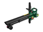Green and black leaf blower with wheels and a shoulder strap