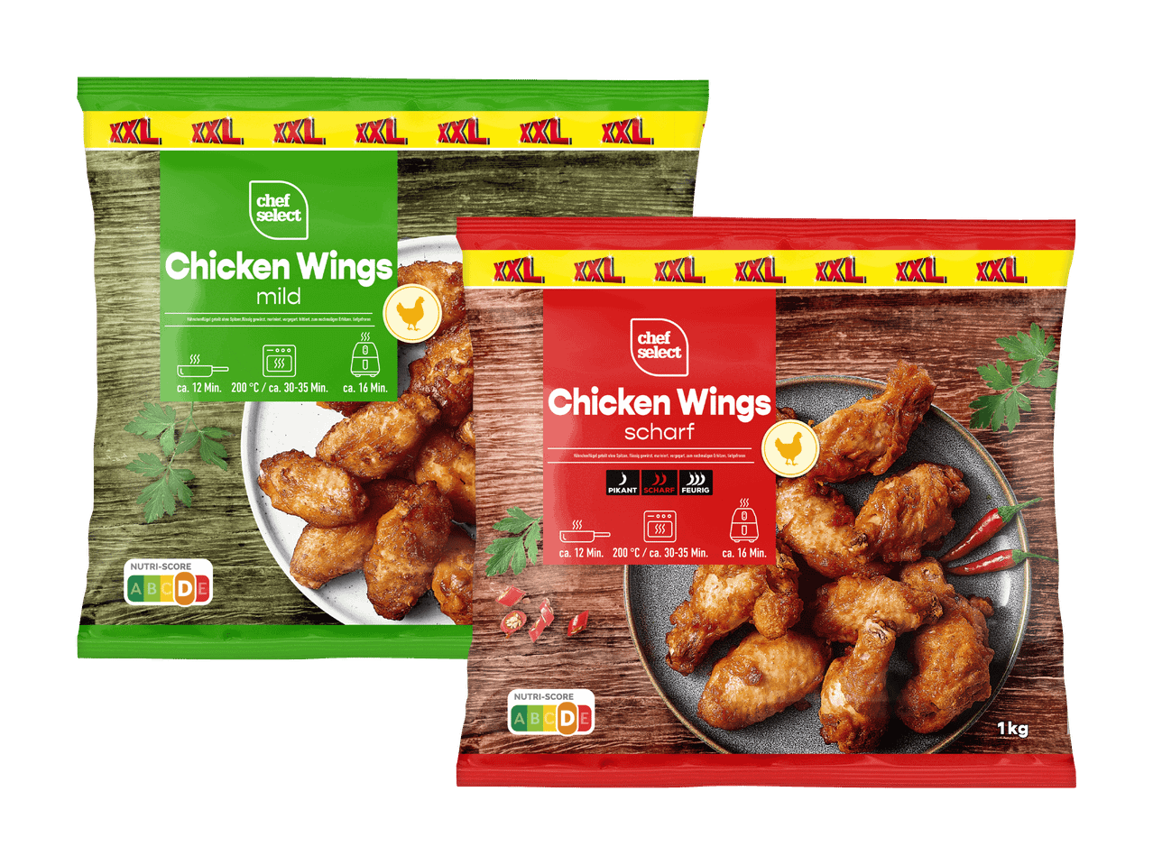 Zwei Packungen Hähnchenflügel, mild (grün) und scharf (rot), mit Zubereitungsanleitung.
