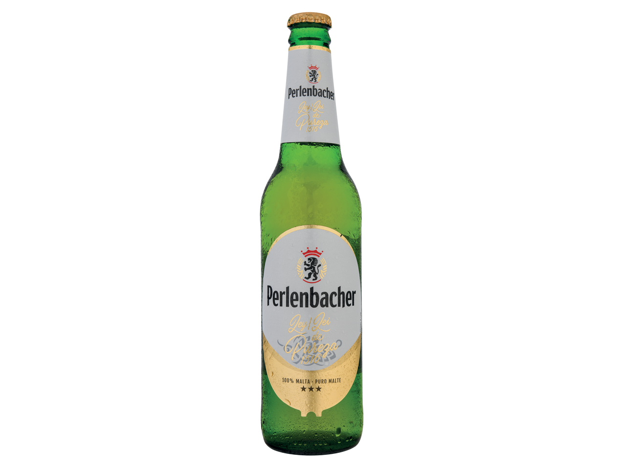 Garrafa de cerveja verde com rótulo prateado e dourado, com brasão de leão e 'Ley de Pureza 1516'