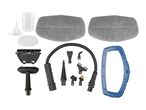 Steam cleaner accessories including mop pads, nozzles, brushes, funnel, measuring cup, and attachments.