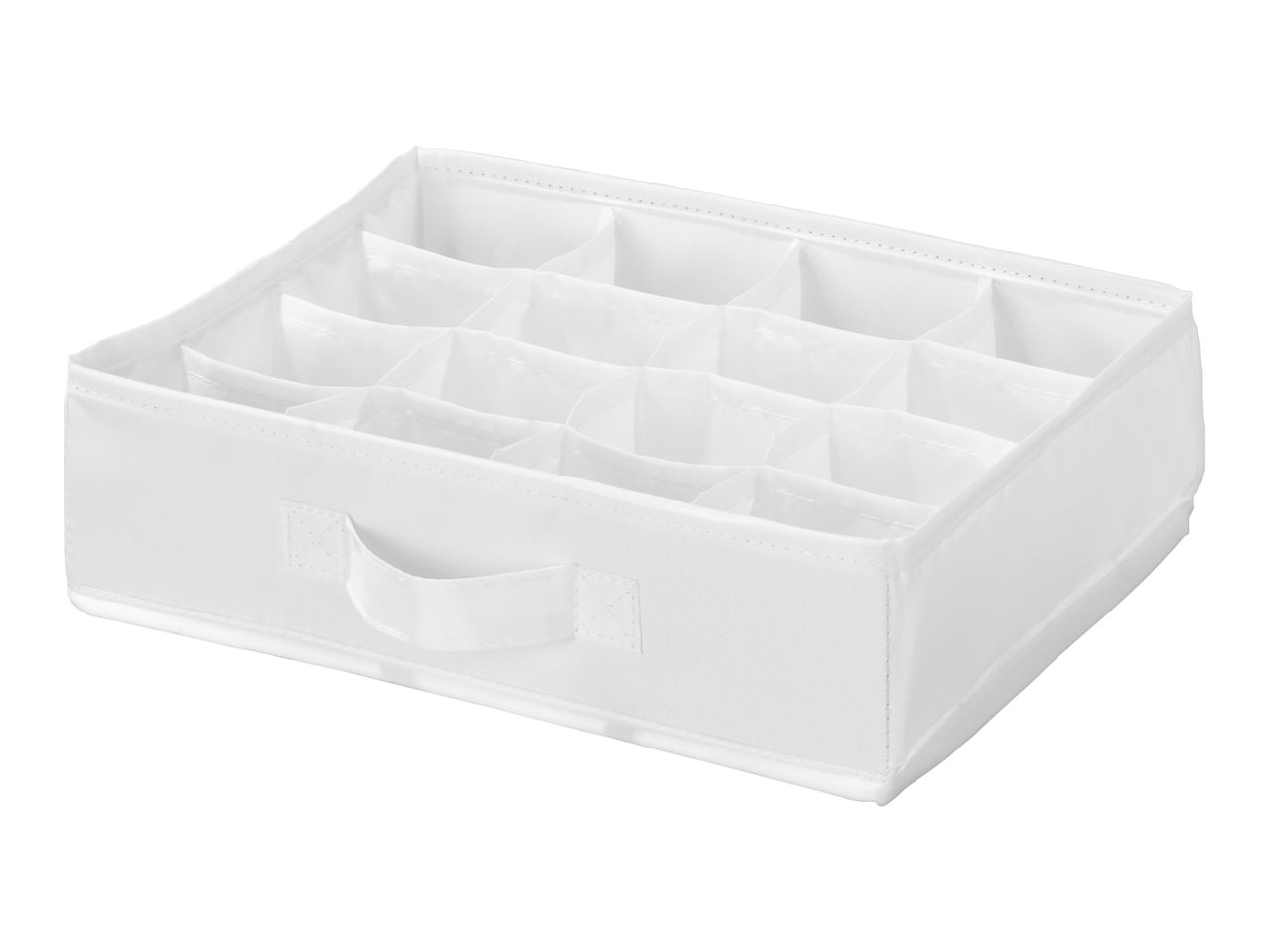 White fabric drawer organizer with multiple compartments and a handle