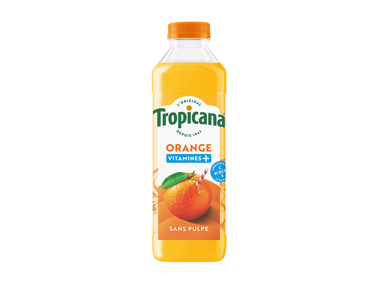 Bouteille de jus d'orange sans pulpe enrichi en vitamines.