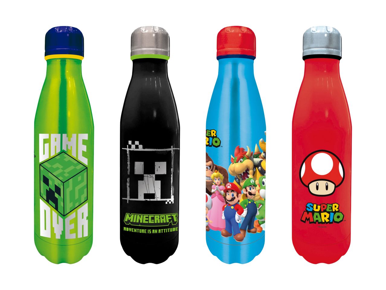 Isolierflaschen mit Motiven von Minecraft, Super Mario und Game Over.