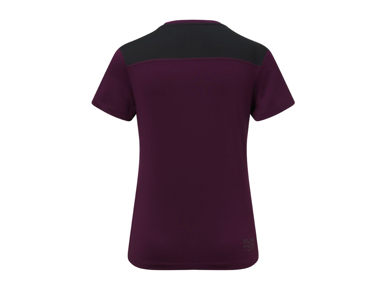 Crivit women's short-sleeved running top in dark purple with black shoulder panel.