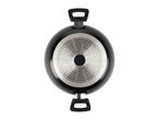 Black frying pan with two handles, bottom view showing induction base.