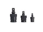 Three black universal joint socket adapters of varying sizes