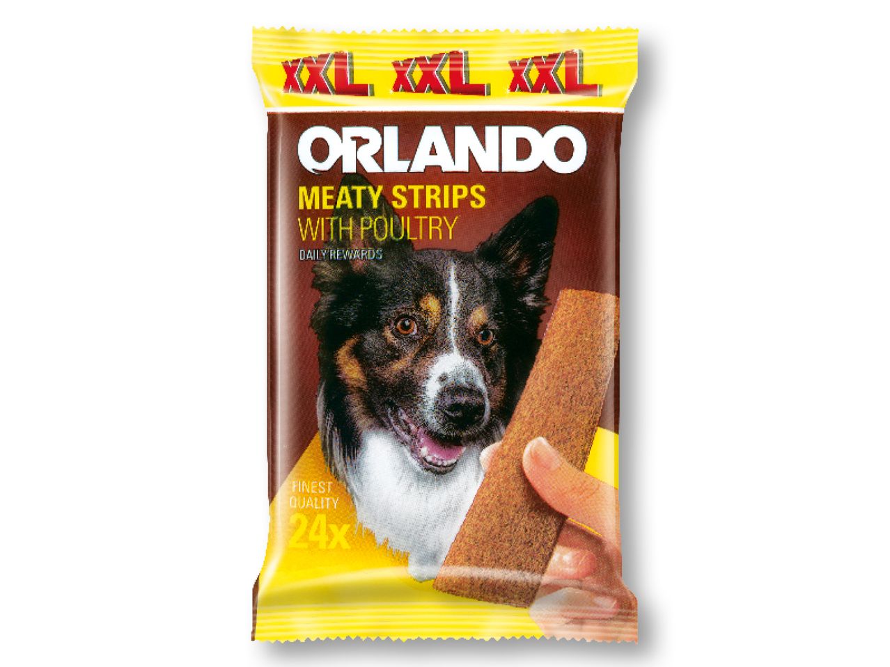Опаковка лакомства за кучета Orlando Meaty Strips с пилешко месо.