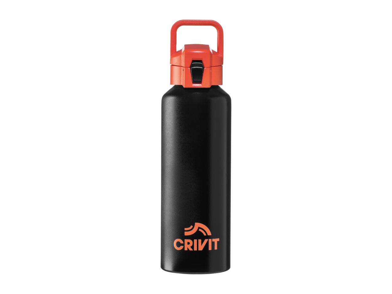 A black Crivit branded water bottle with an orange lid and handle.