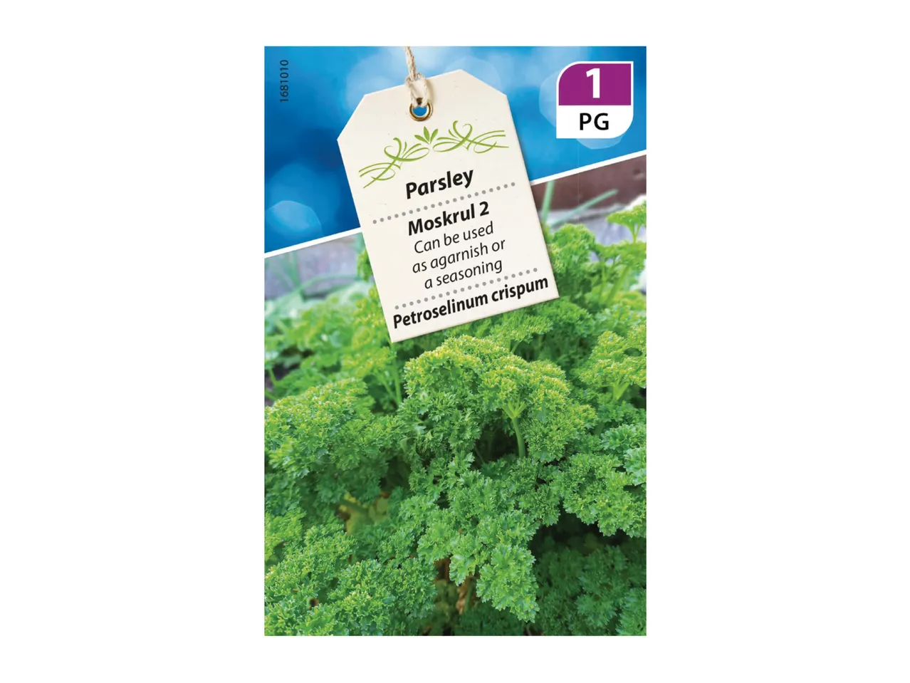Parsley Moskrul 2 seed packet, showing green curly parsley and product details.