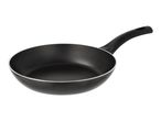 Black frying pan with a non-stick coating and a black handle, isolated on a white background.