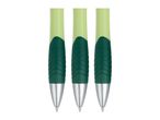 Three green ballpoint pens with ergonomic grips and silver tips, arranged vertically.