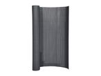 Grey privacy screen made of vertical slats, partially rolled up