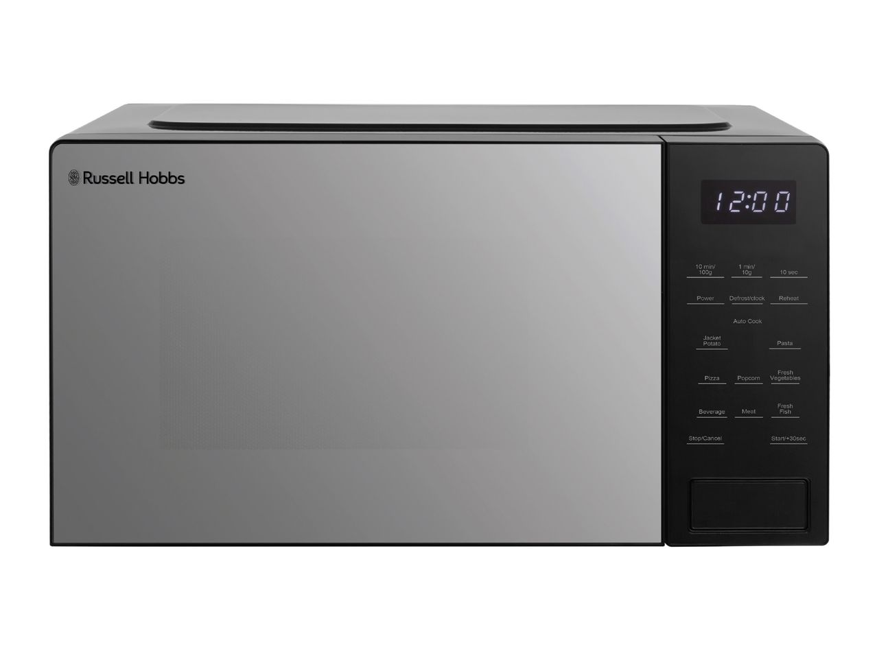 Modern grey microwave oven with a digital display showing 12:00 and various cooking functions.