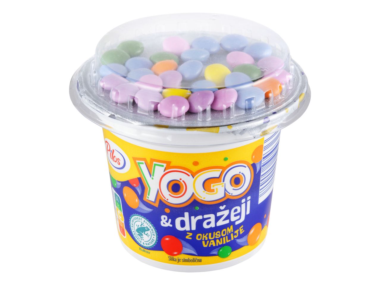 Pilos Yogo & dražeji z okusom vanilije, jogurt s pisanimi bonboni.