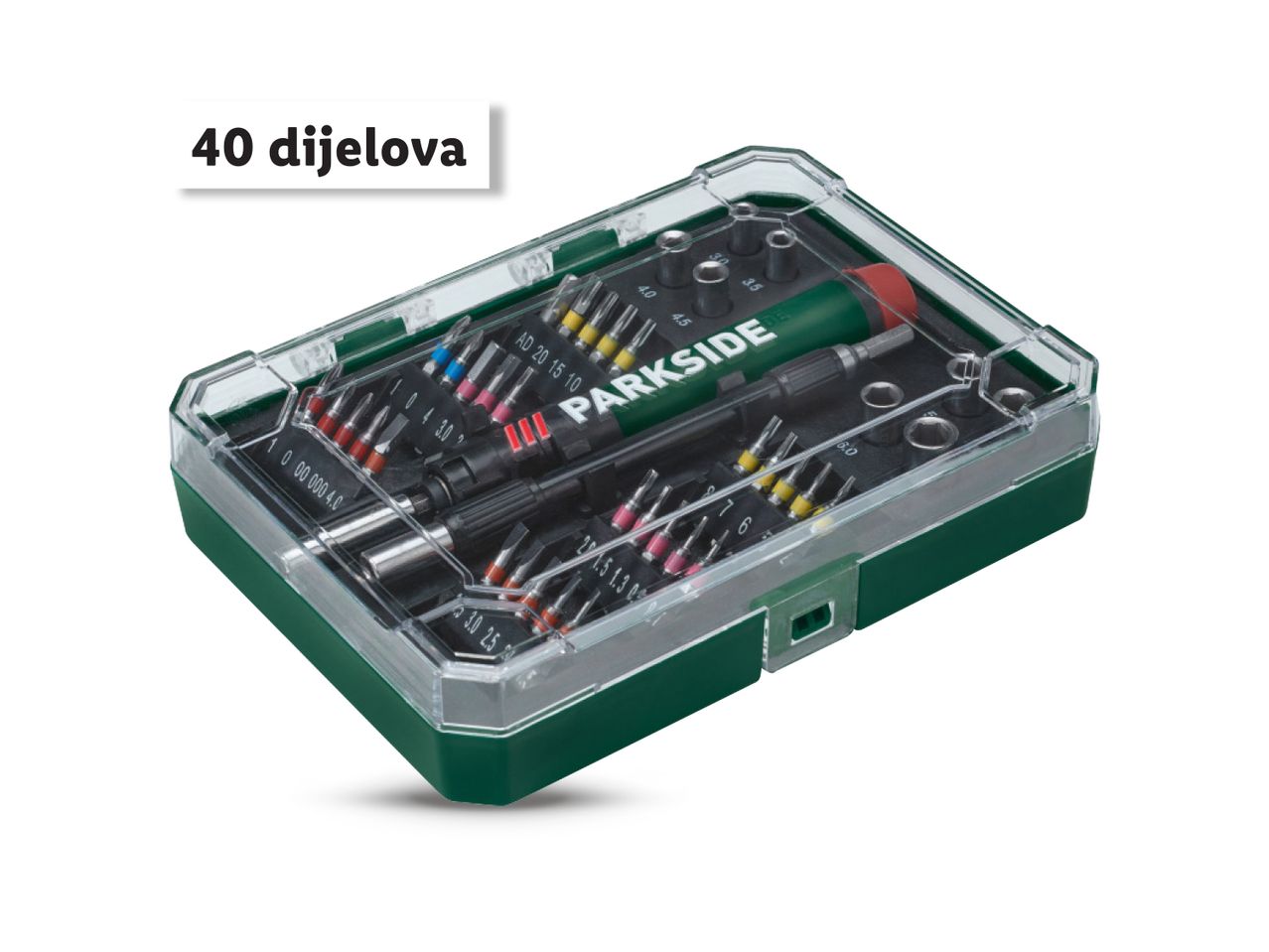 Kutija s 40 dijelova Parkside odvijača i nastavaka.