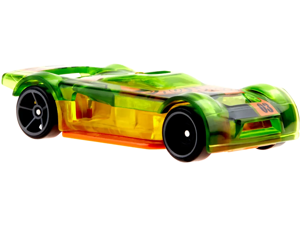 Hot Wheels Toy Car Assortment: A translucent green and yellow toy car with orange accents.
