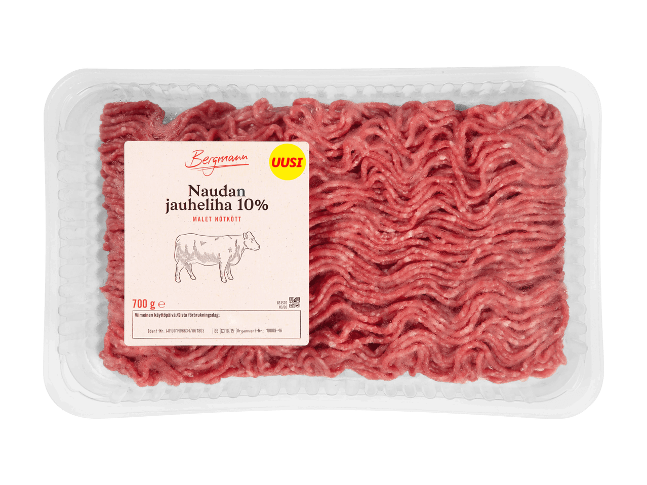 Pakkaus naudan jauhelihaa (10 % rasvaa, 700 g).