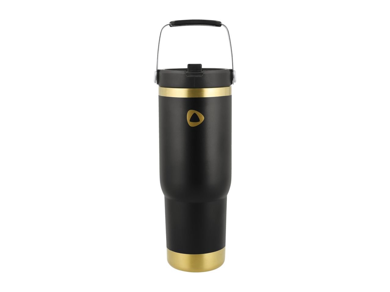 Black and gold insulated travel mug with a handle