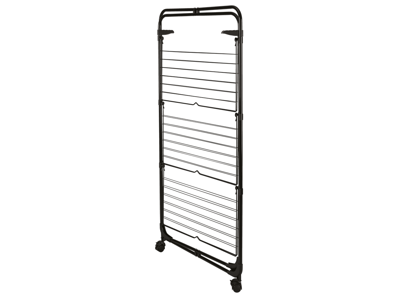 Black foldable clothes drying rack with multiple tiers and wheels.