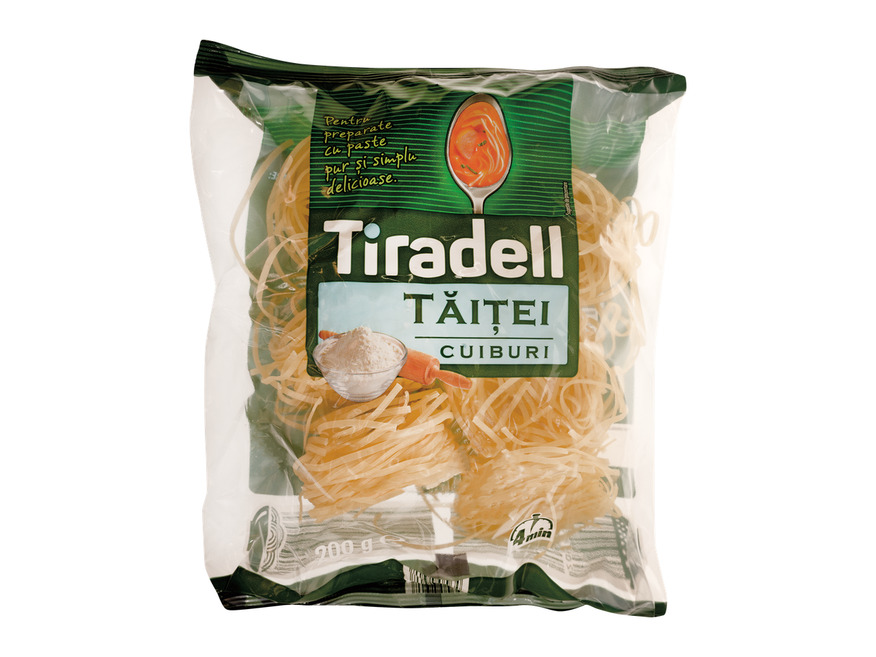 Pachet de tăiței Tiradell cuiburi, 200g, cu instrucțiuni de preparare.