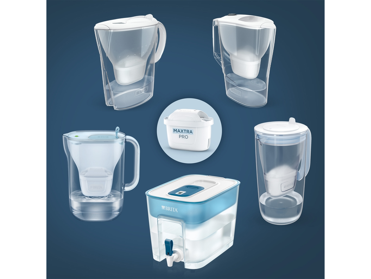 Brita water filter pitchers and dispenser, with a Maxtra Pro filter shown centrally.
