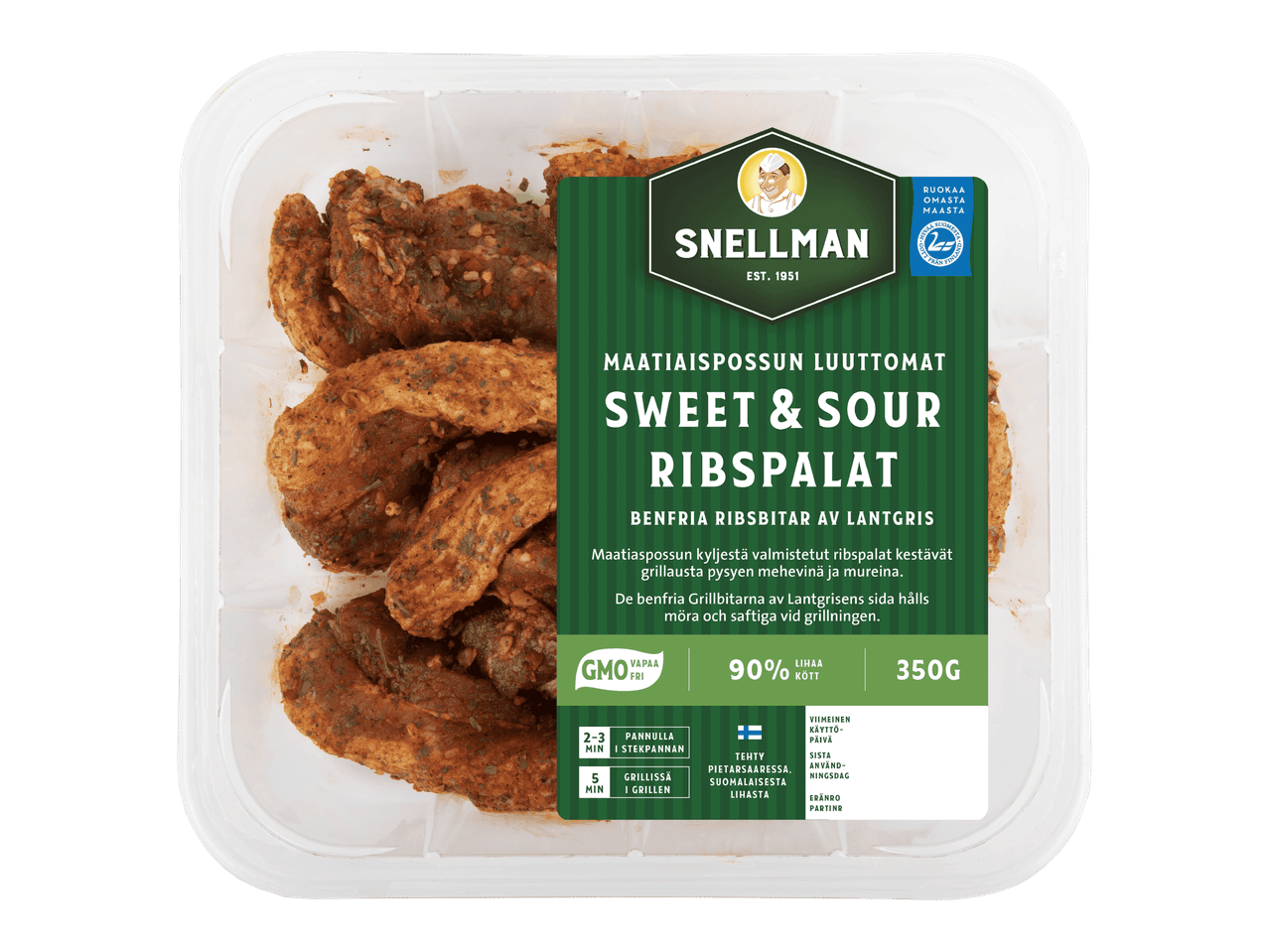 Pakkaus luuttomia sweet & sour -ribsipatoja, 350g, valmistettu Suomessa.