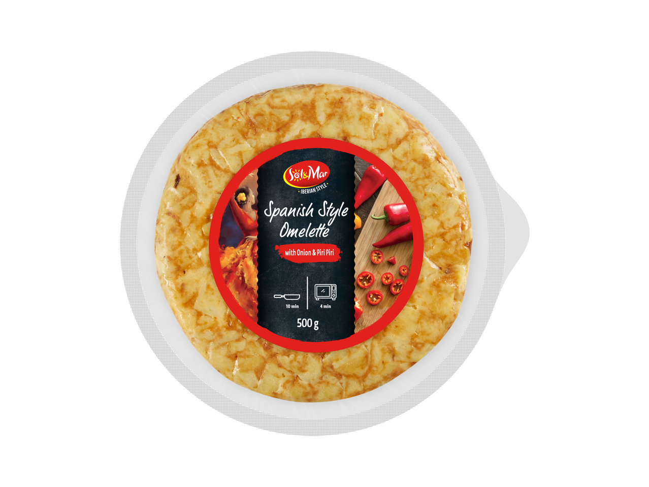 Omelete estilo espanhol com cebola e piri piri, 500g, instruções de cozedura 10 min frigideira, 4 min micro-ondas.