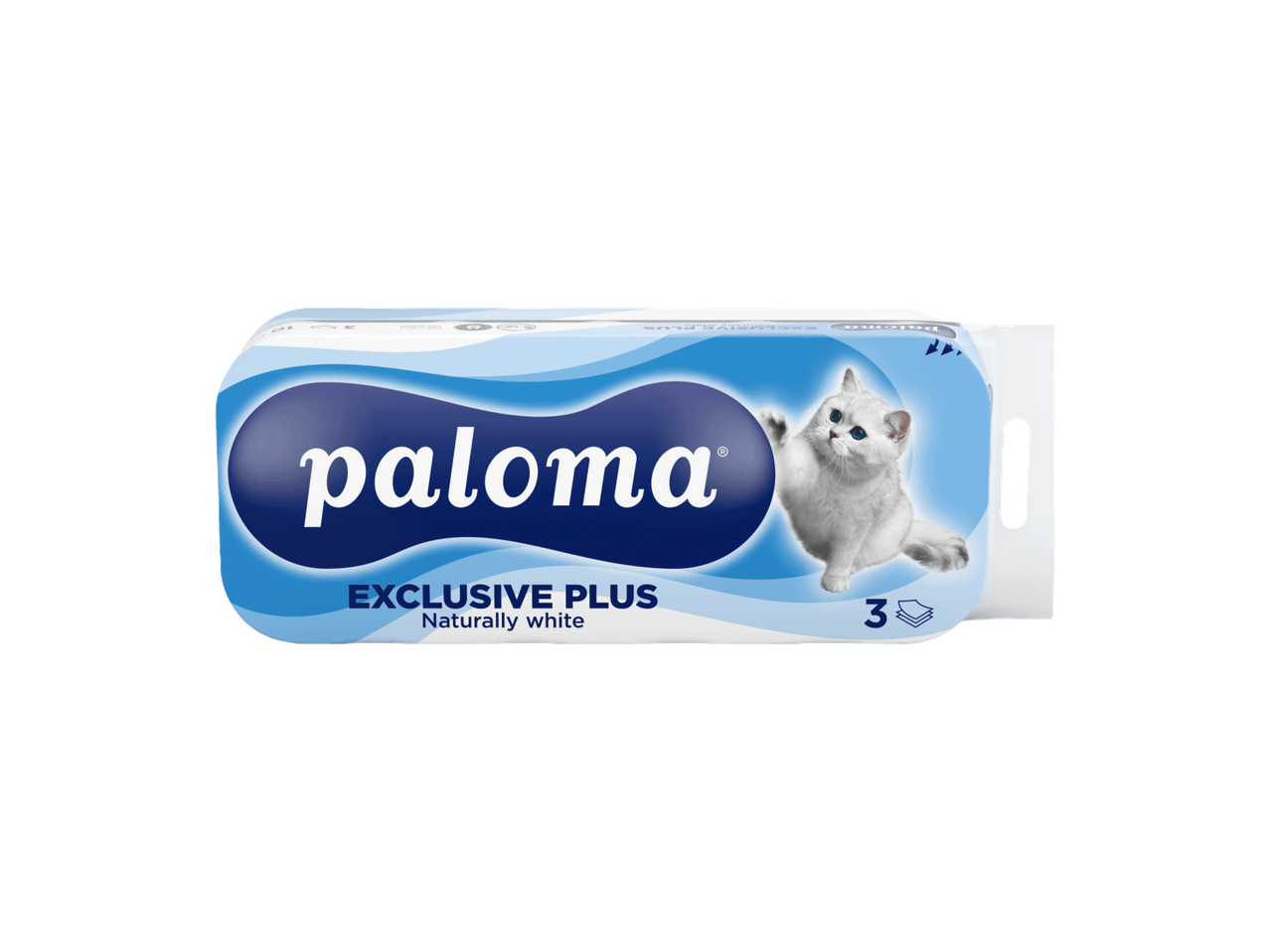 Pakovanje toalet papira sa belom mačkom i plavim talasastim dizajnom, natpisom 'EXCLUSIVE PLUS Naturally white' i brojem 3.