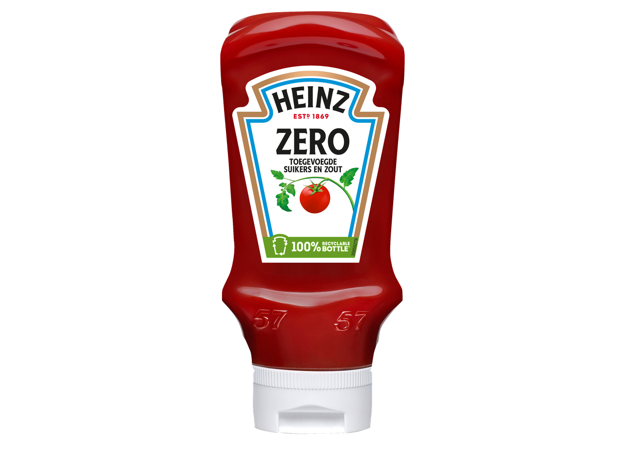 Heinz Zero Ketchup met de tekst 'Toegevoegde Suikers en Zout' en '100% Recyclable Bottle'.