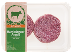 Dois hambúrgueres de carne Angus em uma bandeja de plástico, prontos para cozinhar.