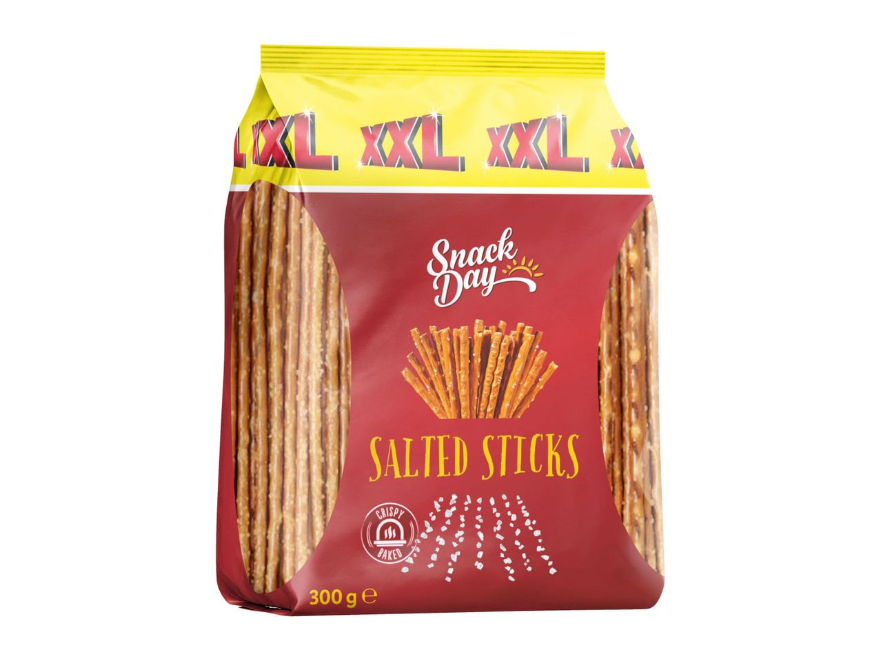 Snack Day XXL Salted Sticks, a 300g bag of crispy baked pretzels.