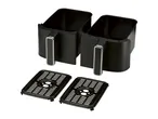 Two black air fryer baskets with handles and two matching grill plates.