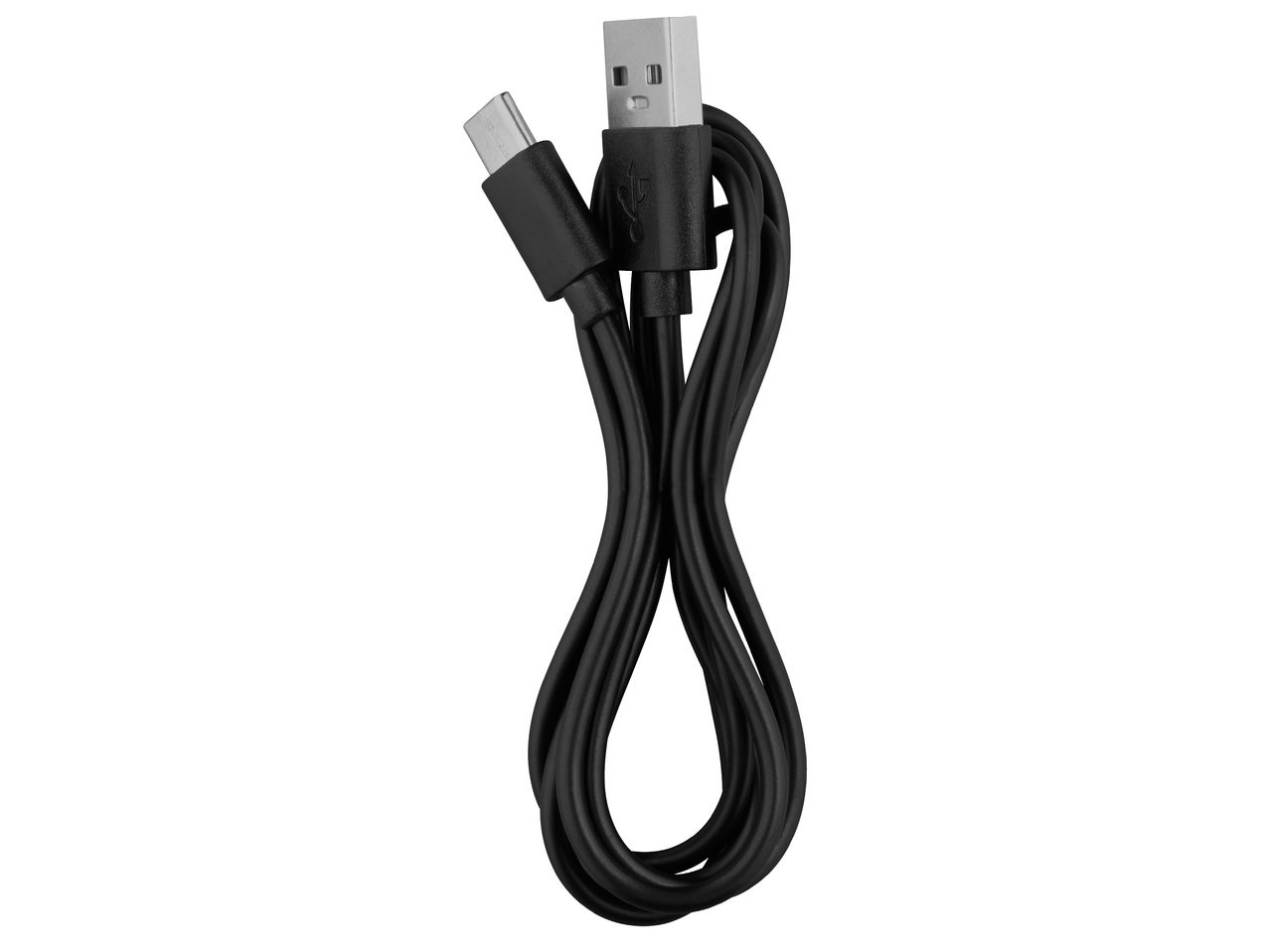 Черен USB-C към USB-A кабел, навит на руло.