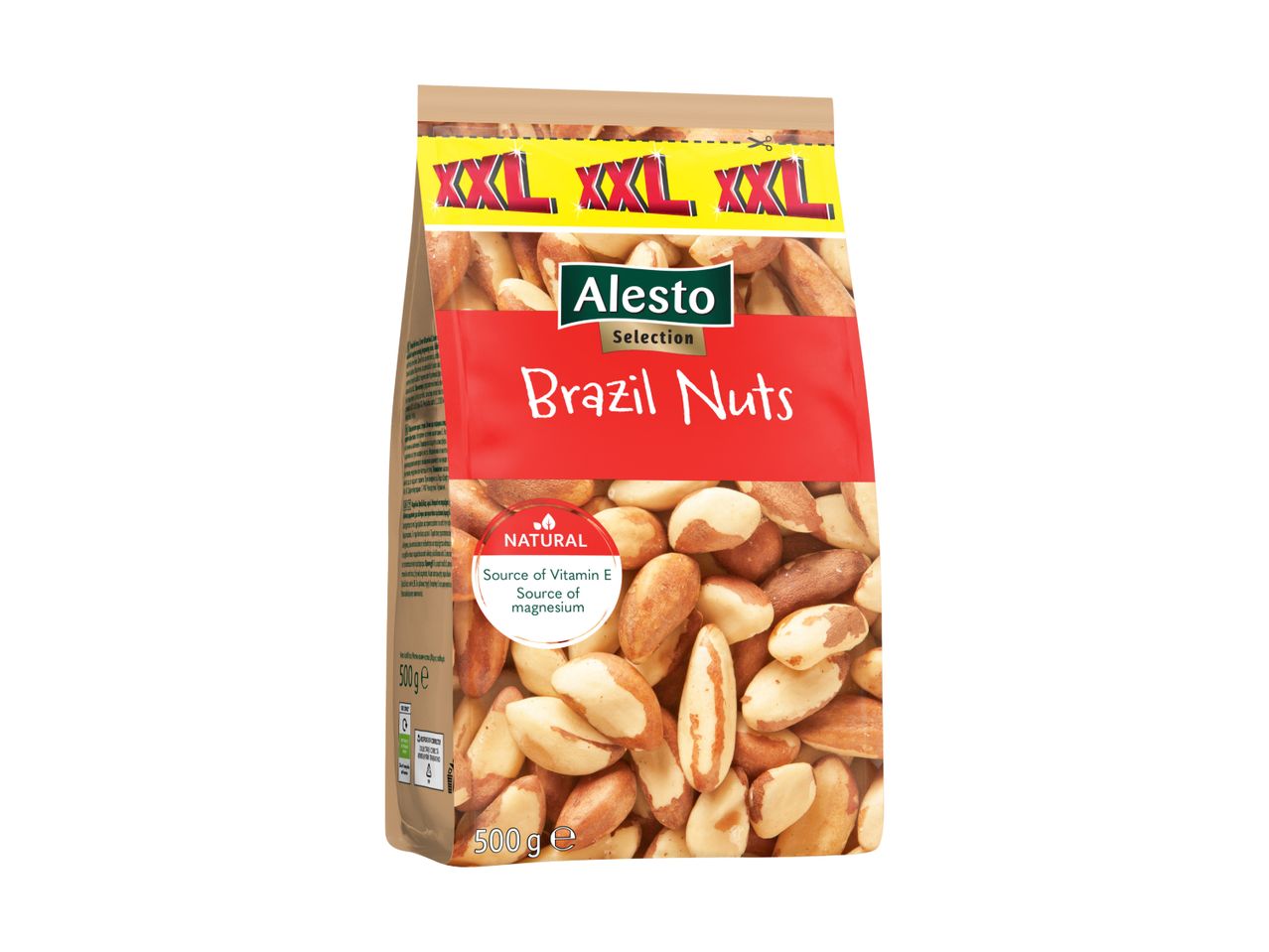 A bag of Brazil nuts, labeled as 'XXL' and a 'Source of Vitamin E and magnesium'.
