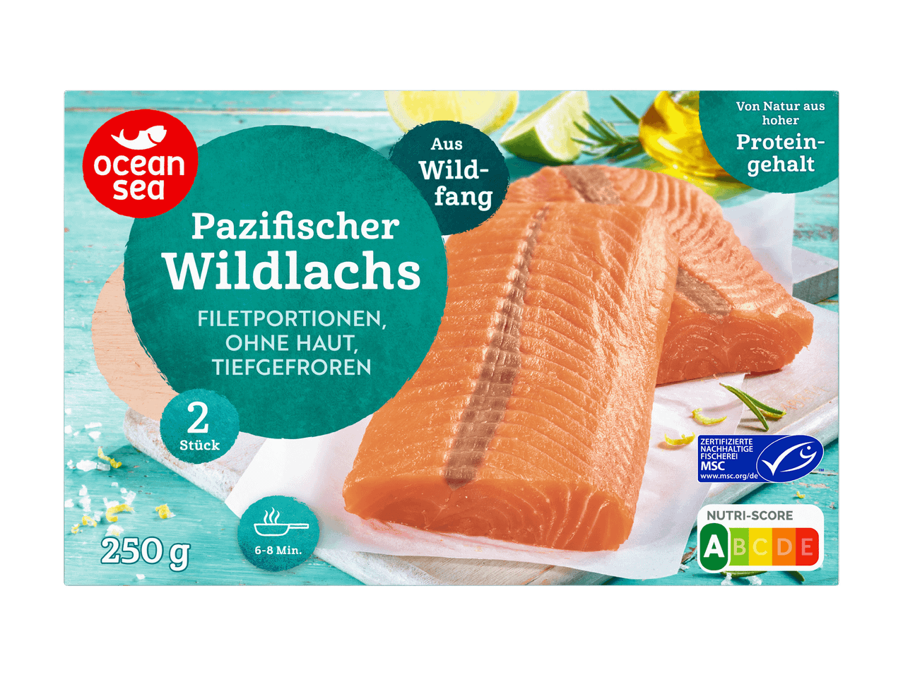 Verpackung mit Pazifischem Wildlachs, Filetportionen ohne Haut, tiefgefroren, 2 Stück, 250g.